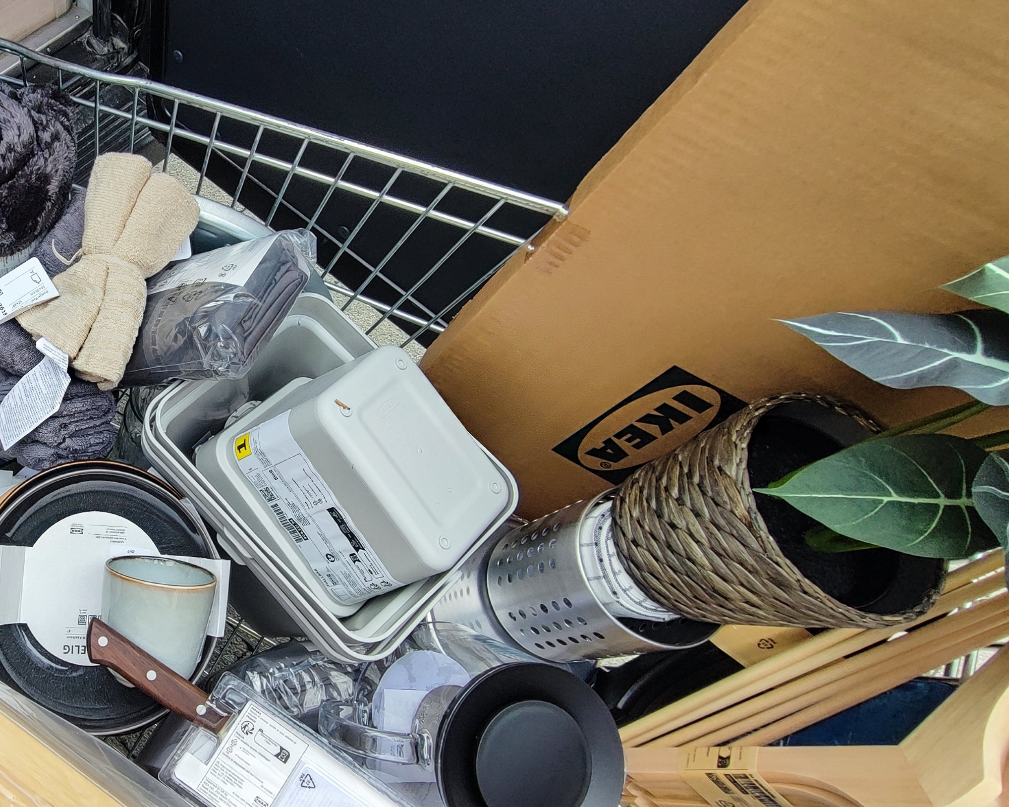 Geschirr, Töpfe, Körbe und Pflanzen im Einkaufswagen
